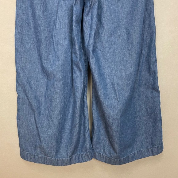 Korean Wide Leg Pants Chambray Cropped Women Cotton Blue Elastic Waist Casual - Picture 6 of 9